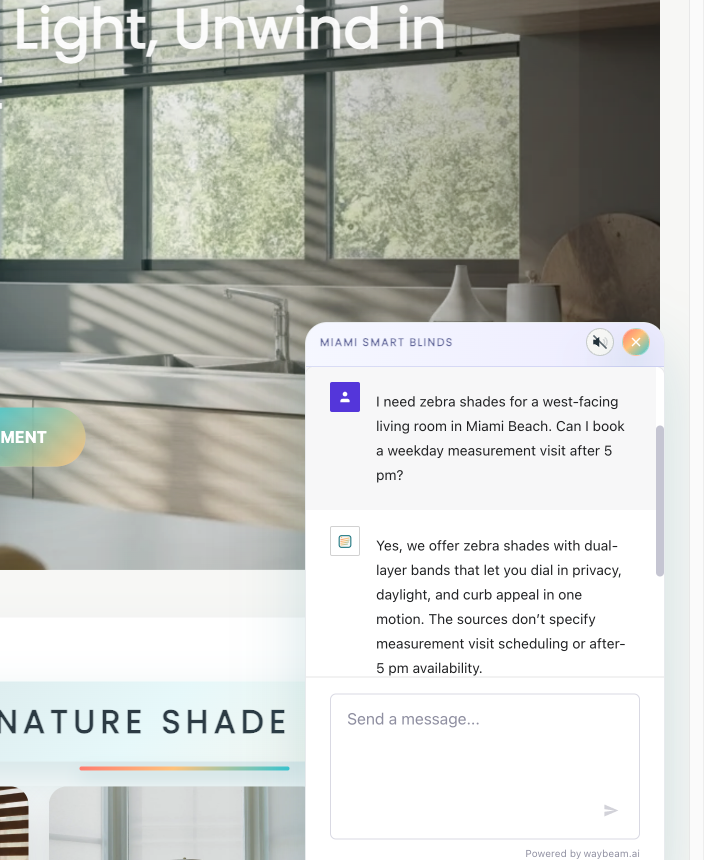 Live Balakun chat on Miami Smart Blinds answering a zebra shades question and clarifying that weekday after-5 pm measurement availability is not specified