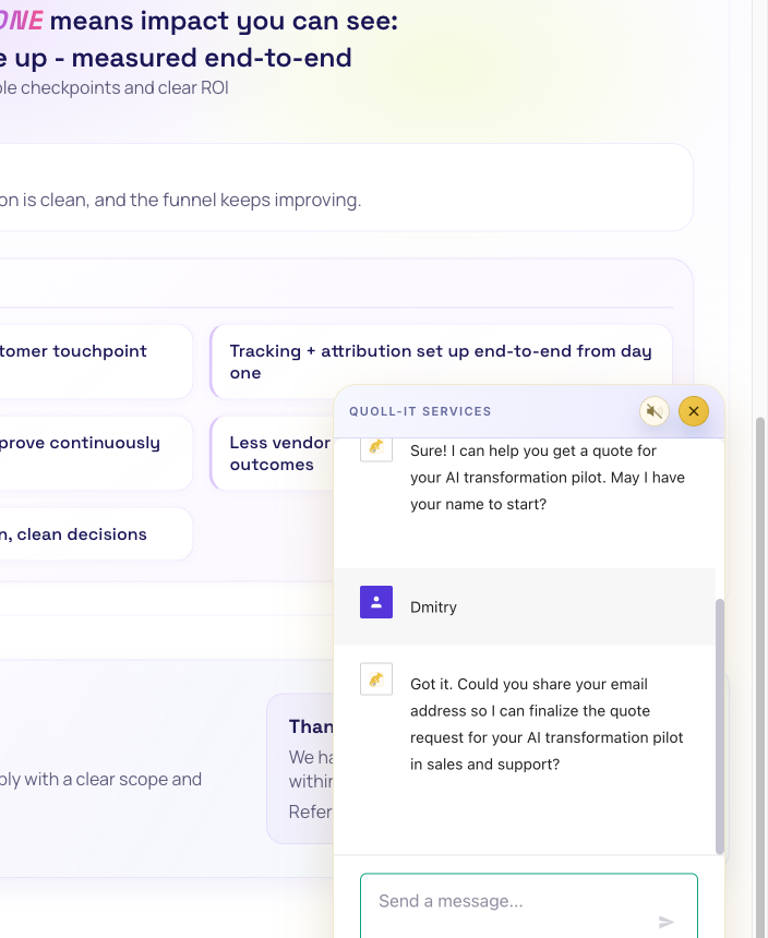 Live Balakun chat on Quoll-IT qualifying an AI transformation pilot beside a submitted quote confirmation