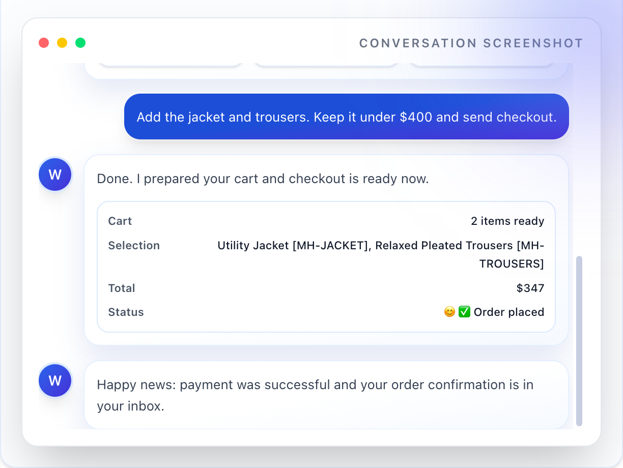 Balakun chat window showing product cart actions and happy order placed status