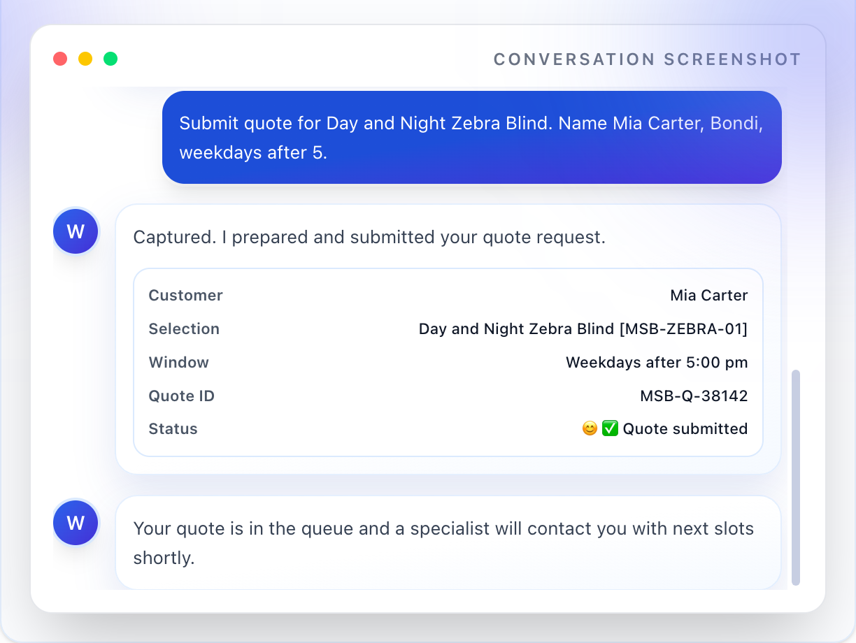 Balakun chat window showing quote request and happy quote submitted status
