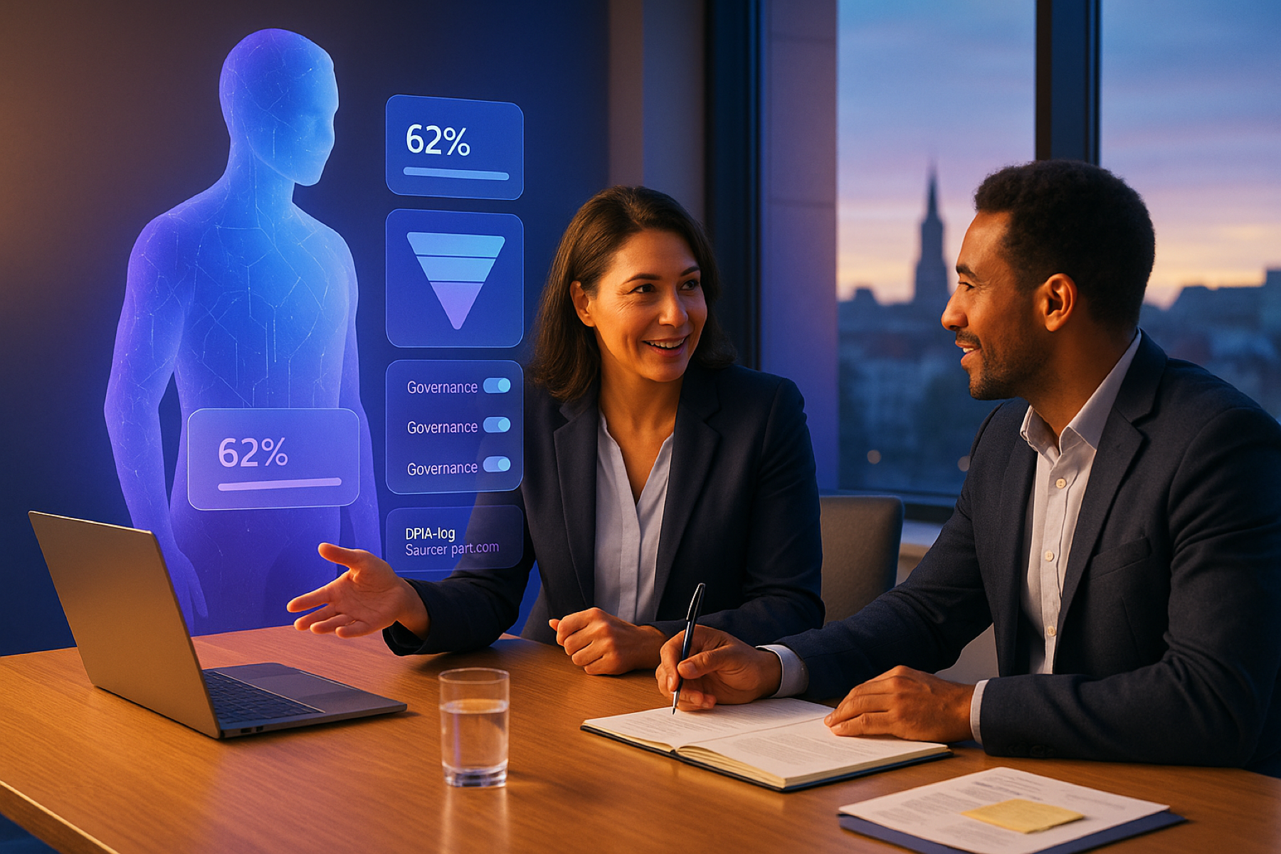 Waybeam consultants reviewing DPIA-ready analytics with a holographic AI copilot